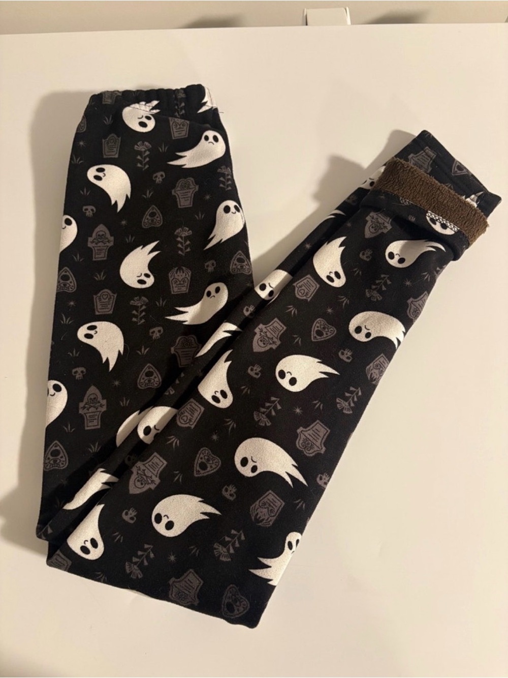 Kids Black Ghost Print Fleece-Lined Leggings